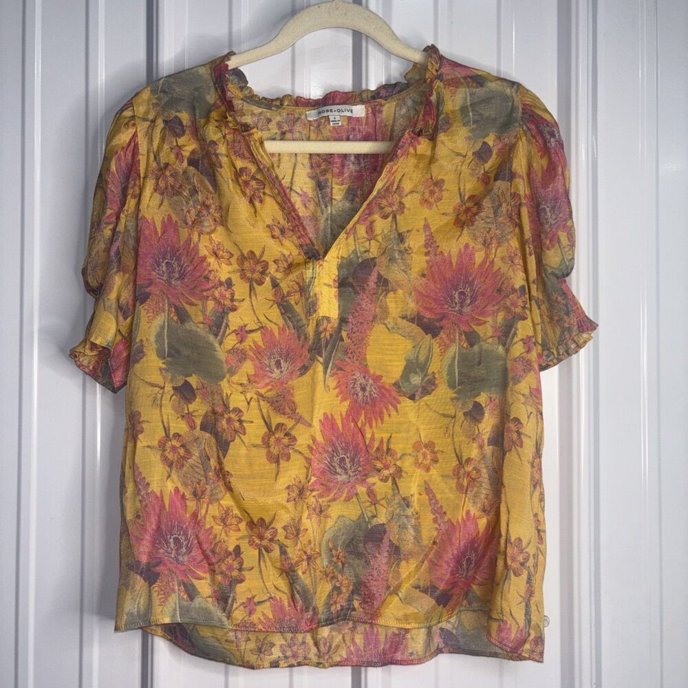 Rose + Olive Yellow And Pink Lightweight Floral Blouse Size Small EUC